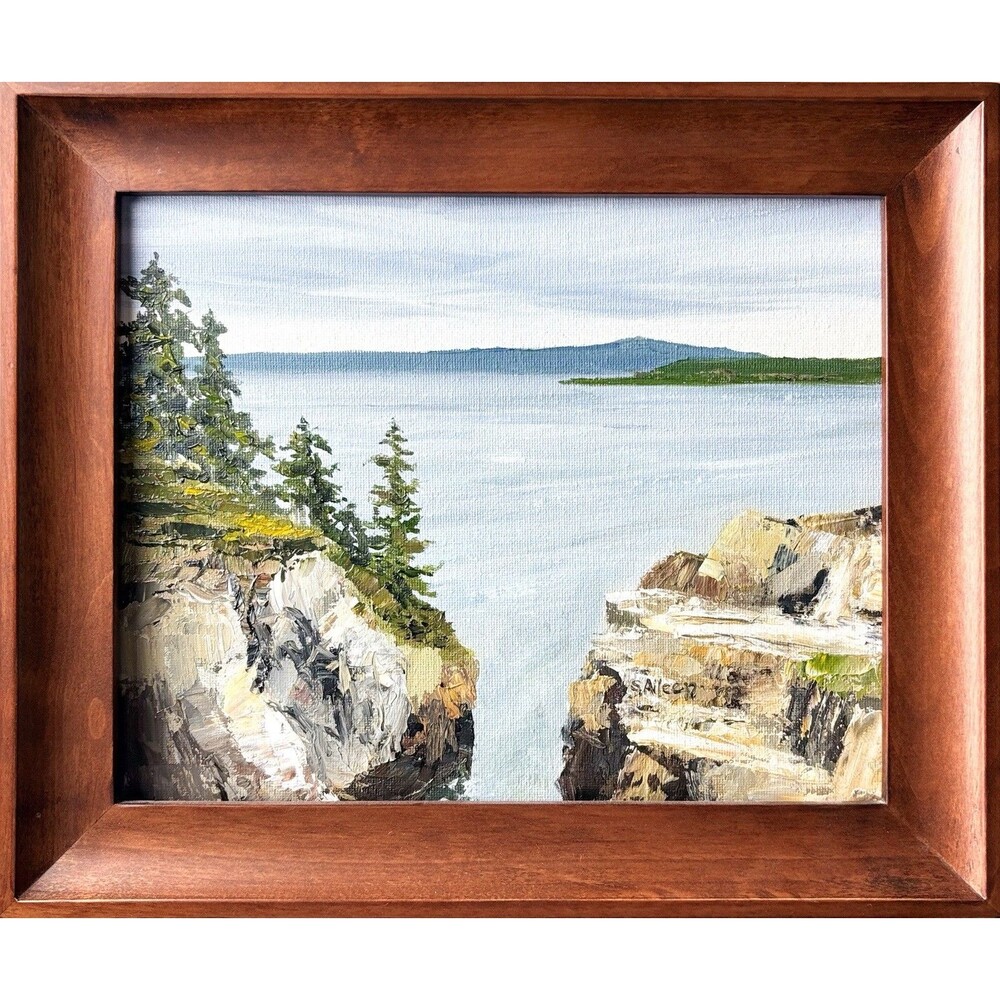 10x12 Framed Maine Original Oil Landscape Canvas Painting Acadia Rock Art Signed